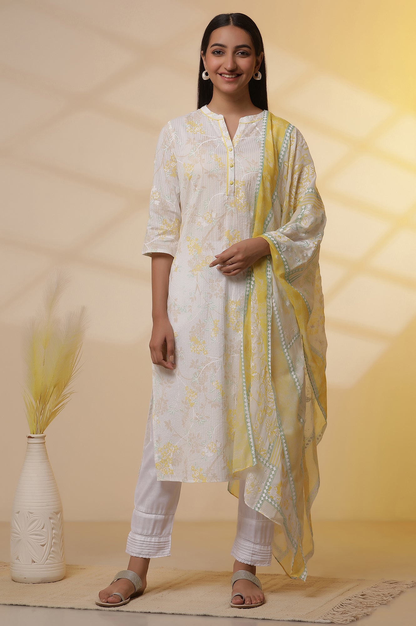 White Printed Cotton Kurta, Trousers and Stole Set