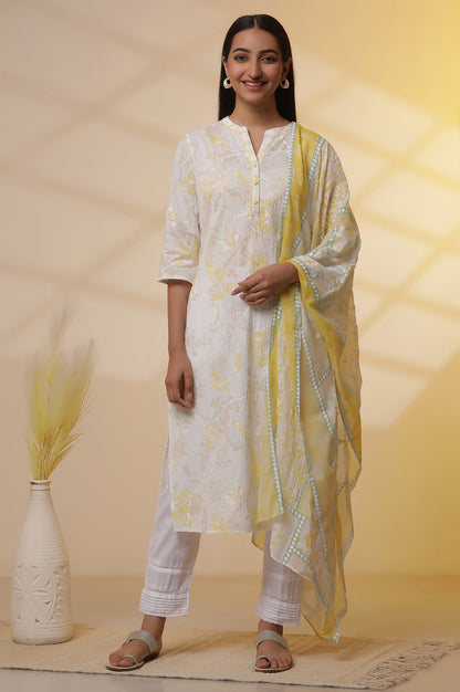 White Printed Cotton Kurta, Trousers and Stole Set