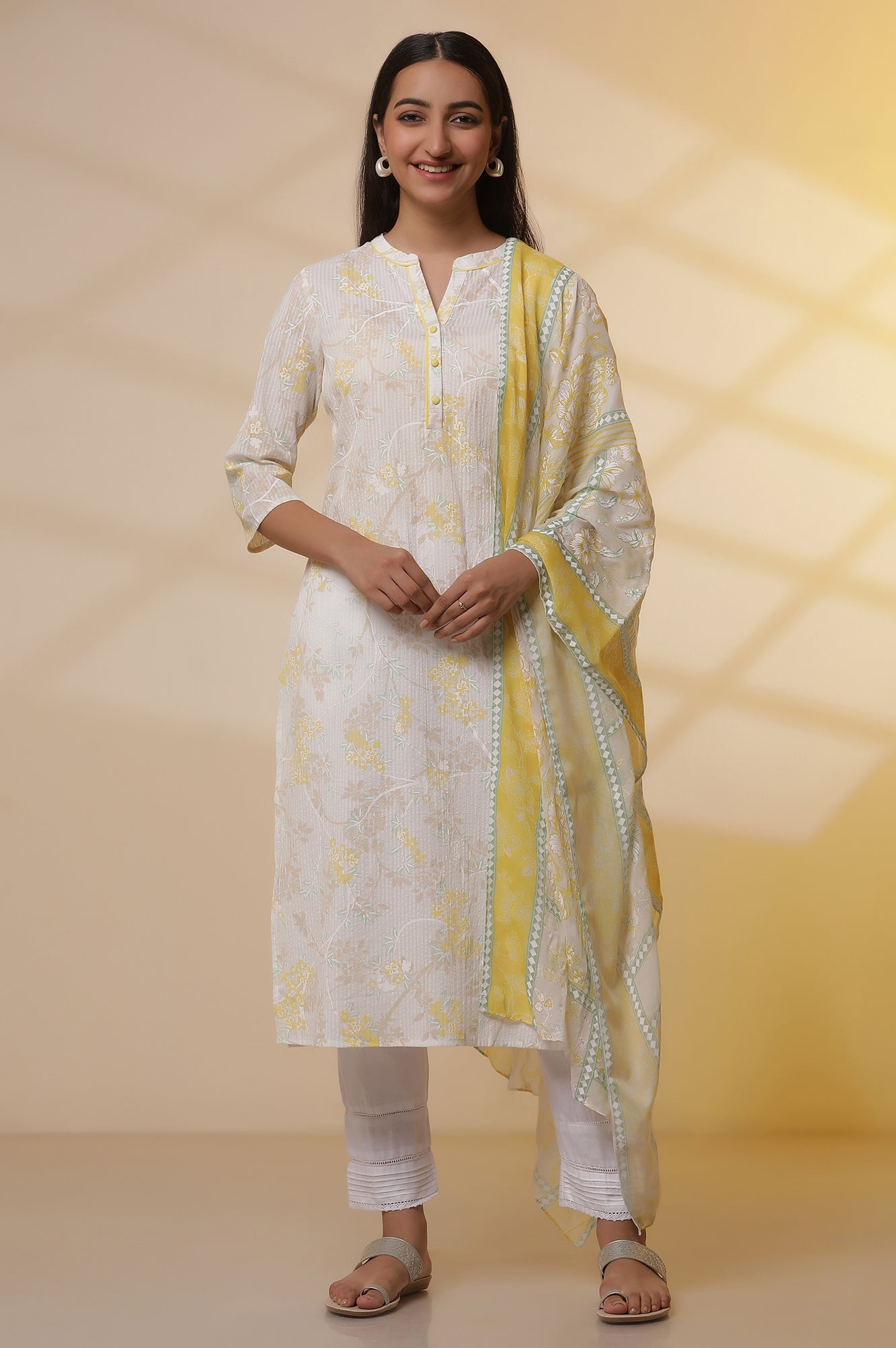 White Printed Cotton Kurta, Trousers and Stole Set