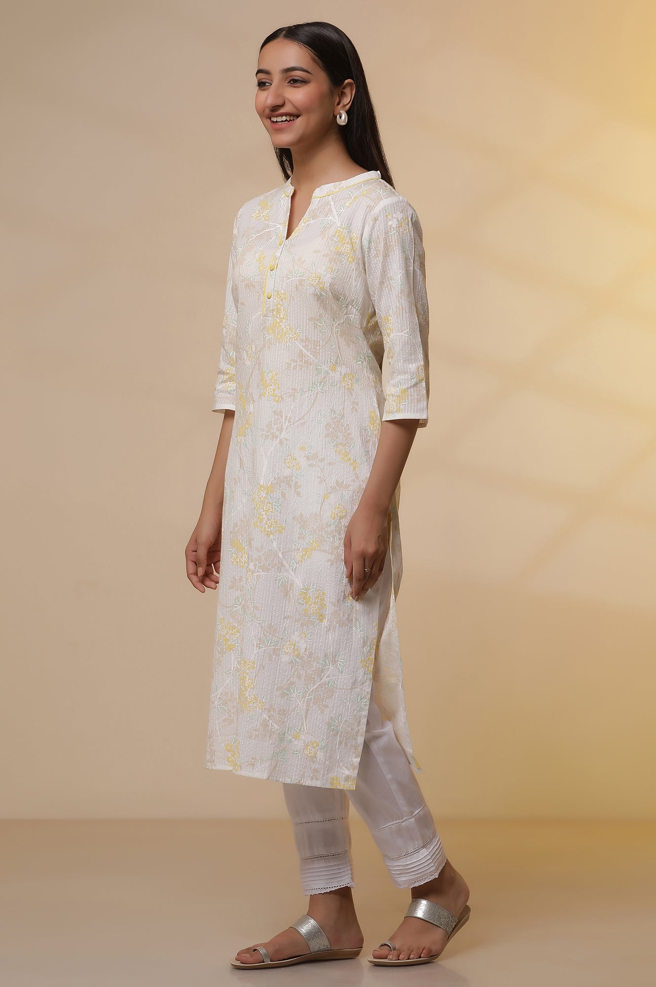 White Printed Cotton Kurta, Trousers and Stole Set