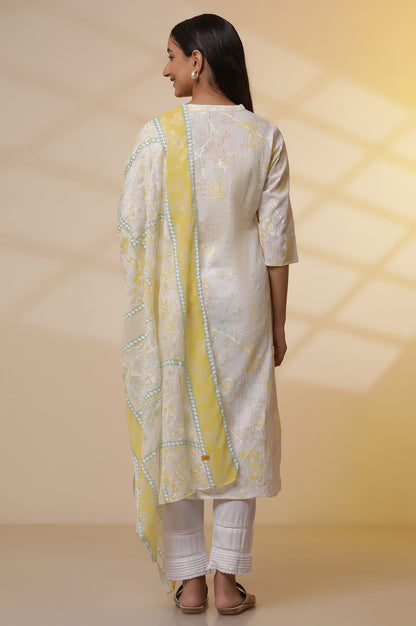 White Printed Cotton Kurta, Trousers and Stole Set