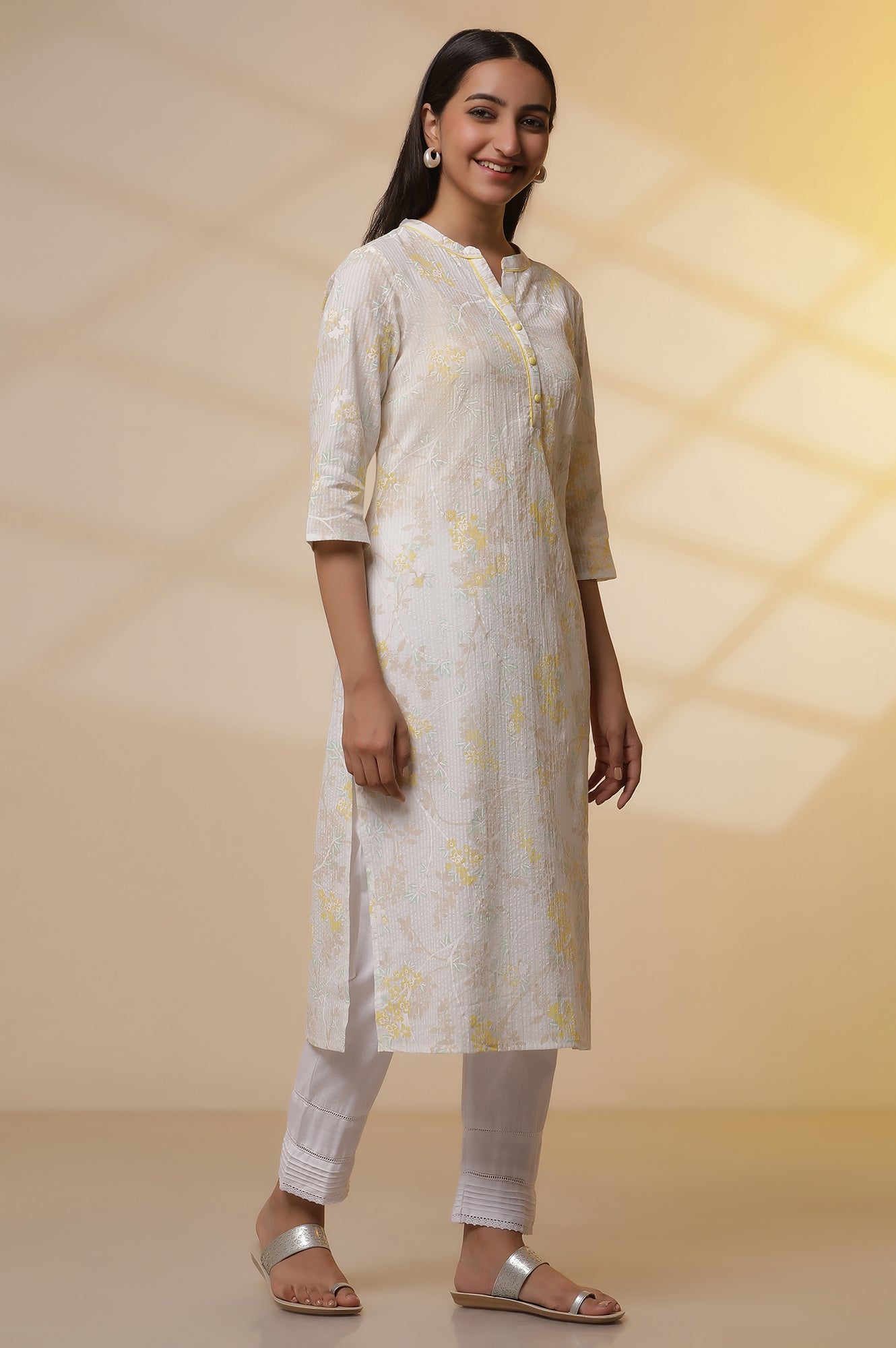 White Printed Cotton Kurta, Trousers and Stole Set