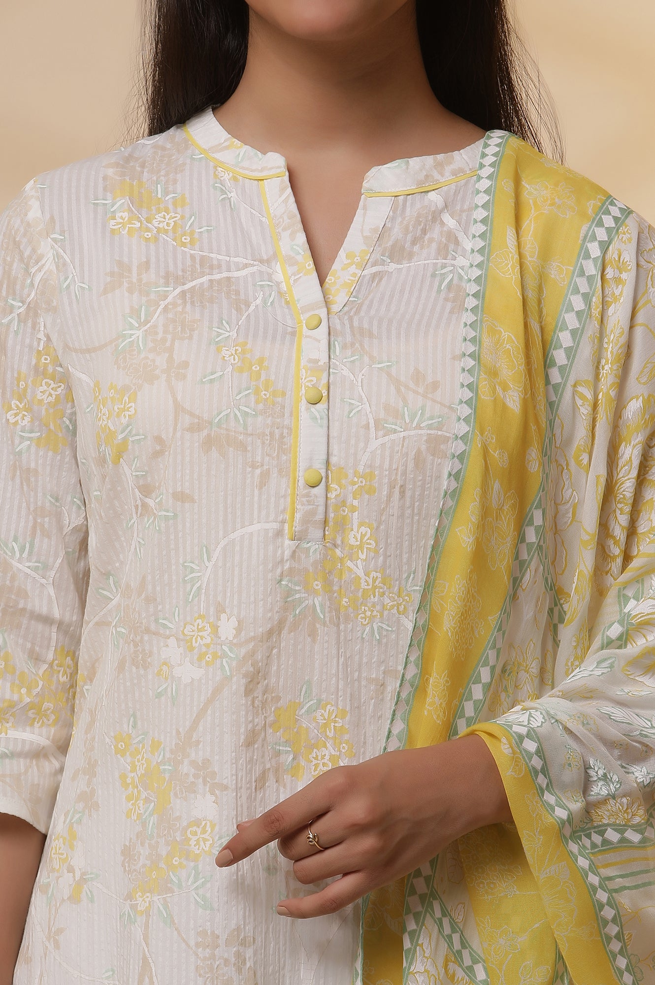 White Printed Cotton Kurta, Trousers and Stole Set