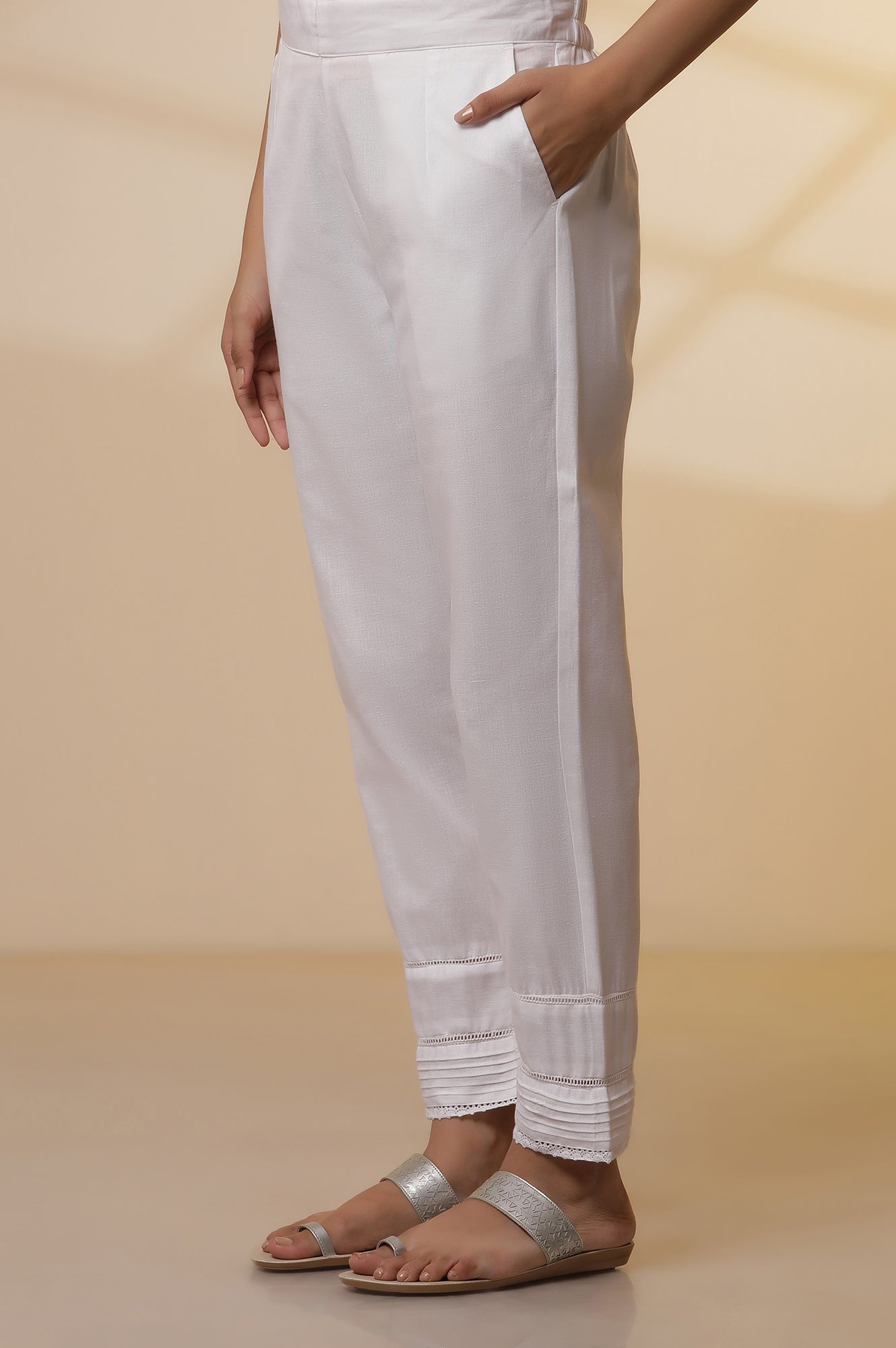 White Printed Cotton Kurta, Trousers and Stole Set