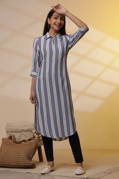 Blue and white Striped Shirt Collar Kurta and Denim Jeggings