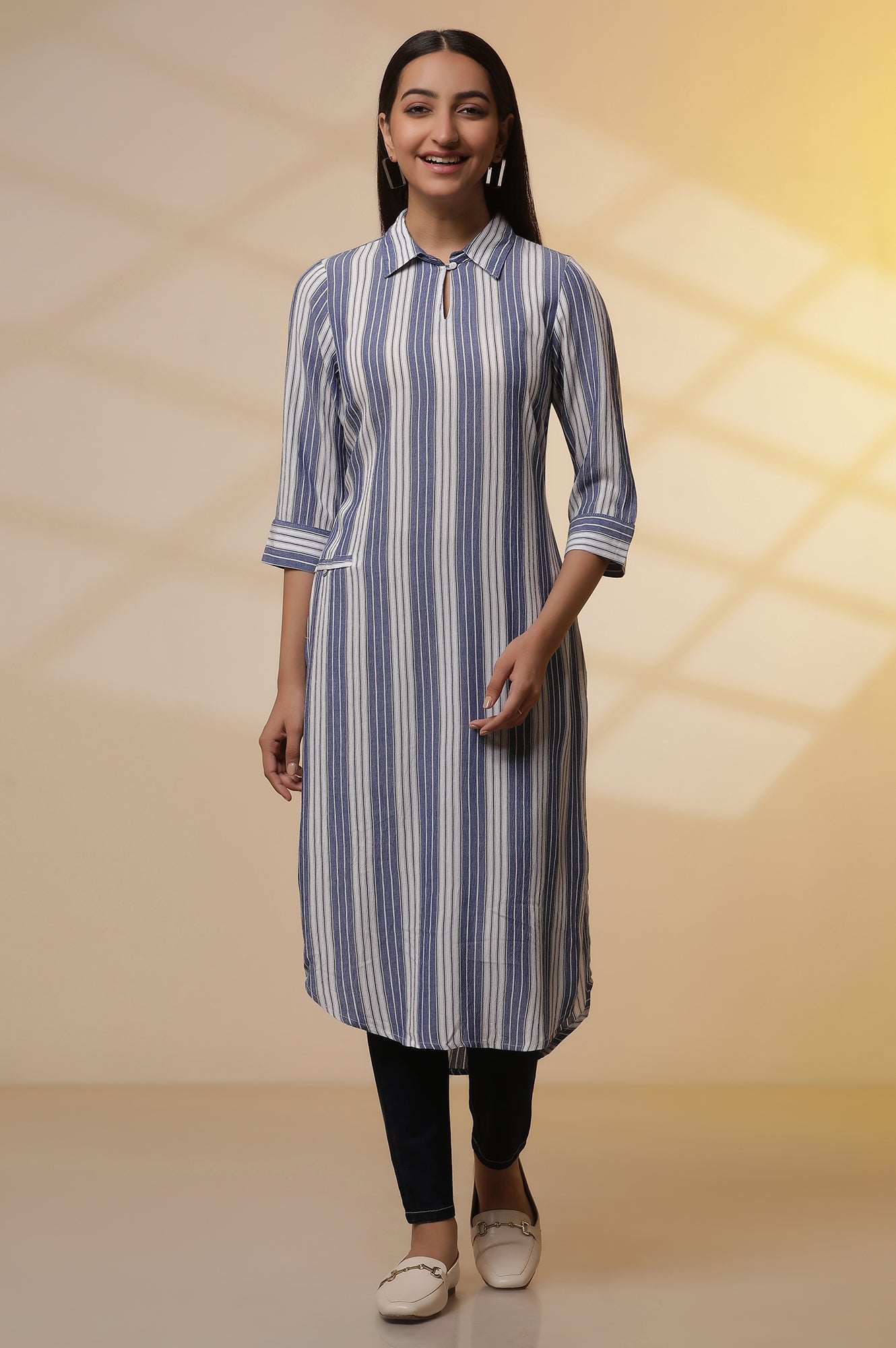 Blue and white Striped Shirt Collar Kurta and Denim Jeggings