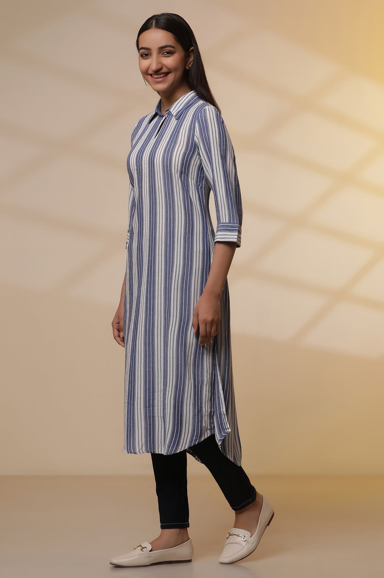 Blue and white Striped Shirt Collar Kurta and Denim Jeggings