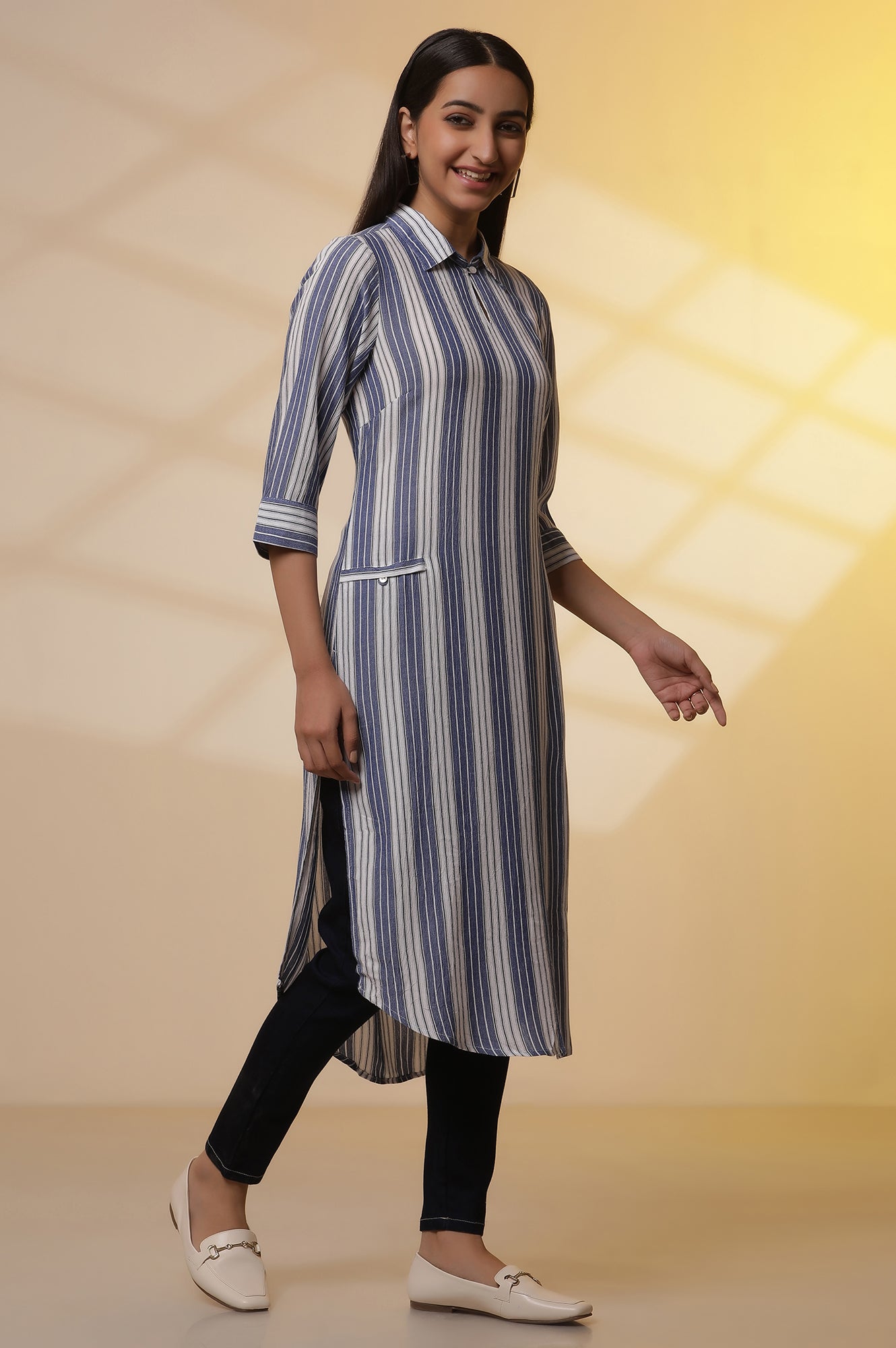 Blue and white Striped Shirt Collar Kurta and Denim Jeggings