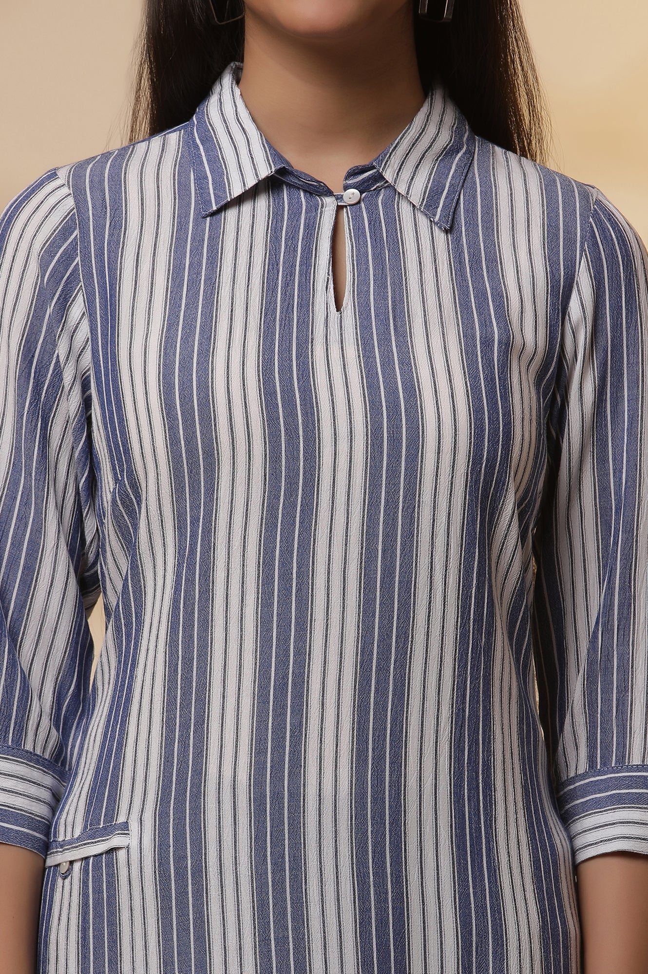 Blue and white Striped Shirt Collar Kurta and Denim Jeggings