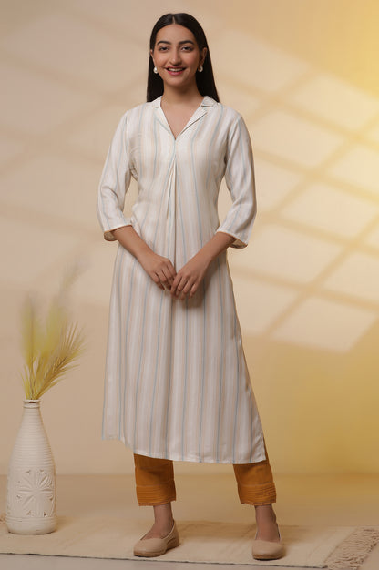 White Striped Straight Casual Kurta and Trousers Set