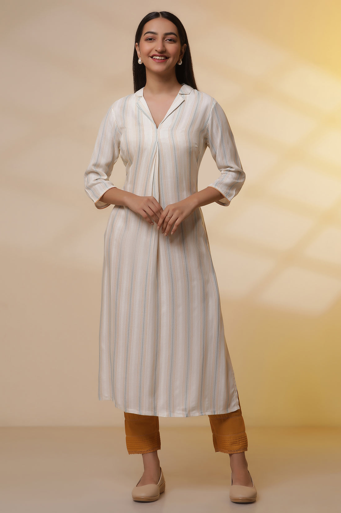 White Striped Straight Casual Kurta and Trousers Set