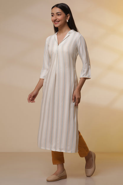 White Striped Straight Casual Kurta and Trousers Set