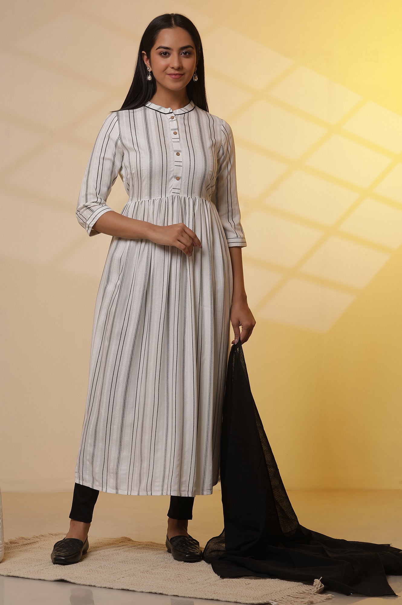 White Striped Kurta, Slim Pants and Dupatta Set