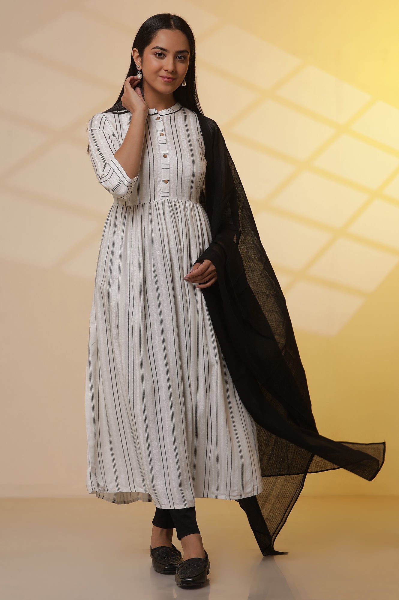 White Striped Kurta, Slim Pants and Dupatta Set