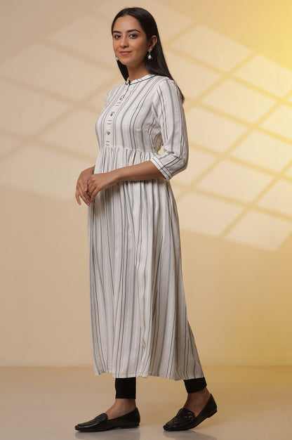 White Striped Kurta, Slim Pants and Dupatta Set