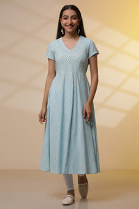 Blue and White Striped Cotton Lurex Flared Kurta and Tights Set