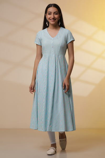 Blue and White Striped Cotton Lurex Flared Kurta and Tights Set