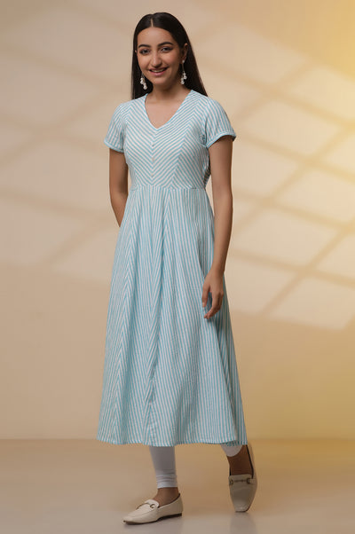 Blue and White Striped Cotton Lurex Flared Kurta and Tights Set