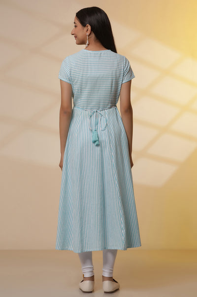 Blue and White Striped Cotton Lurex Flared Kurta and Tights Set