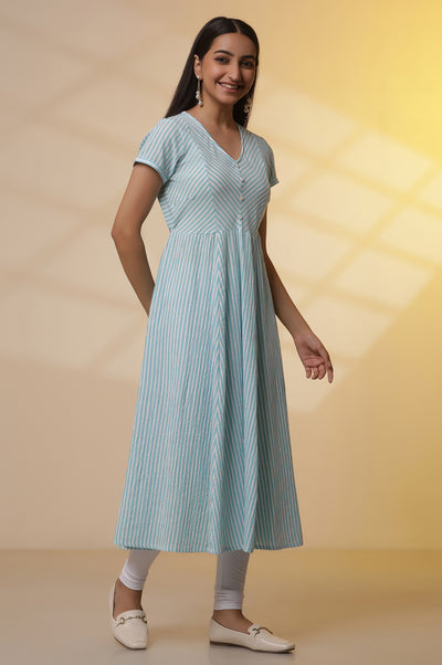 Blue and White Striped Cotton Lurex Flared Kurta and Tights Set