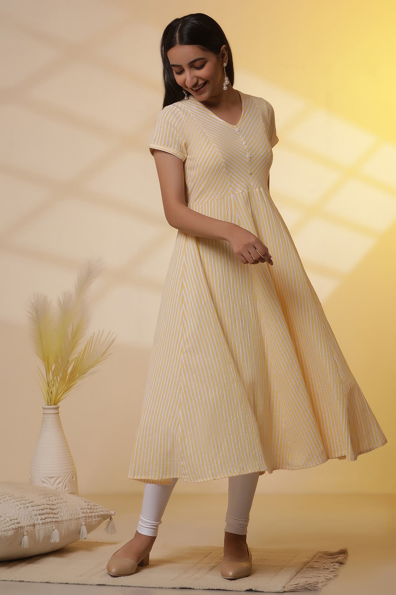 Yellow and White Striped Cotton Lurex Flared Kurta and Tights Set