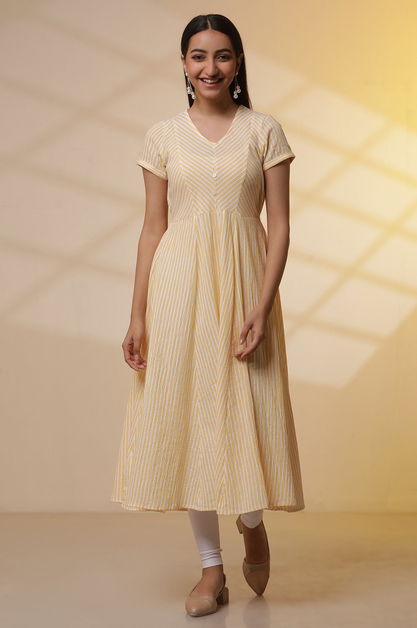 Yellow and White Striped Cotton Lurex Flared Kurta and Tights Set