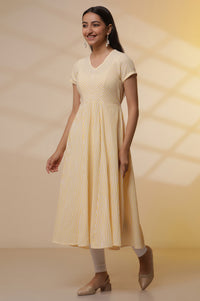 Yellow and White Striped Cotton Lurex Flared Kurta and Tights Set