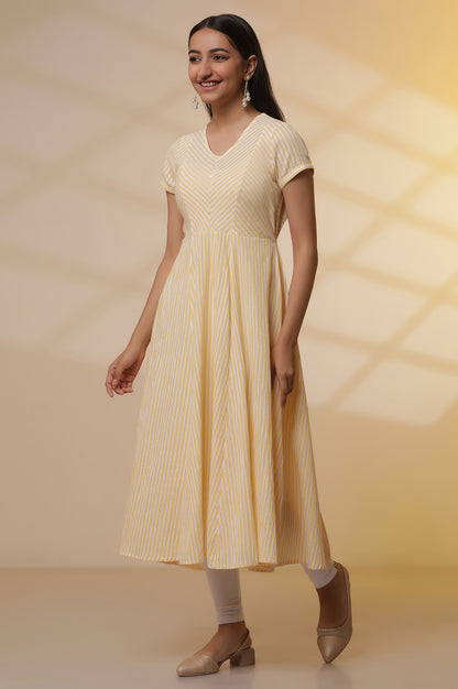 Yellow and White Striped Cotton Lurex Flared Kurta and Tights Set