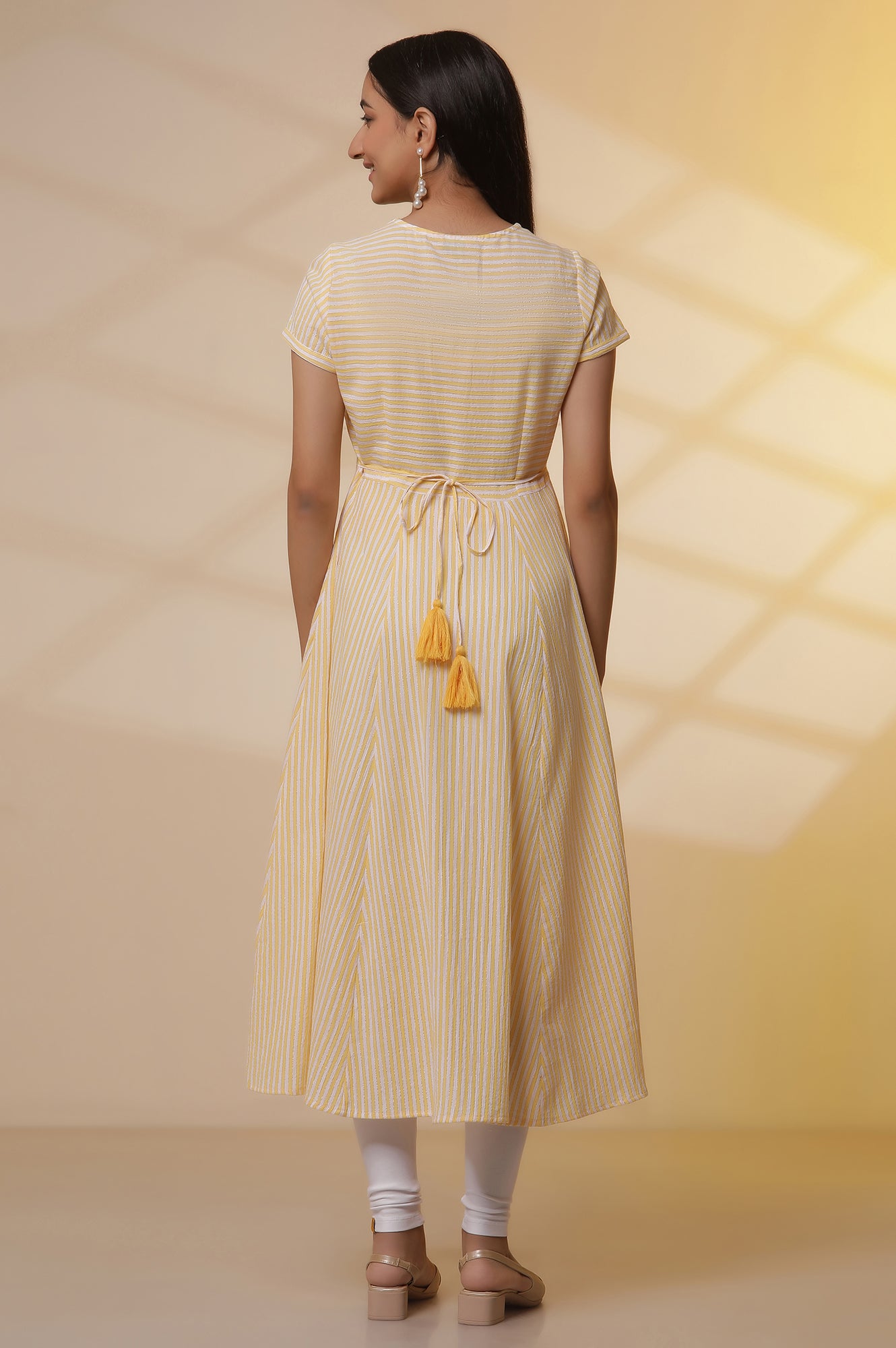 Yellow and White Striped Cotton Lurex Flared Kurta and Tights Set