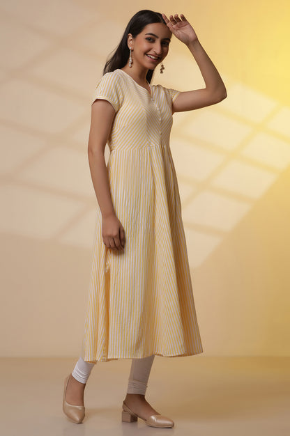 Yellow and White Striped Cotton Lurex Flared Kurta and Tights Set