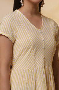 Yellow and White Striped Cotton Lurex Flared Kurta and Tights Set