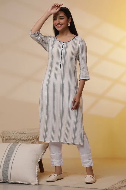 White Yarn-Dyed Striped Kurta and Pintuck Trousers Set