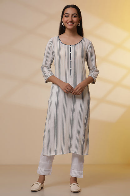 White Yarn-Dyed Striped Kurta and Pintuck Trousers Set