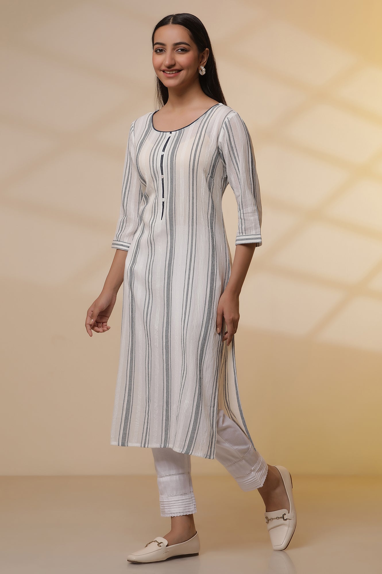 White Yarn-Dyed Striped Kurta and Pintuck Trousers Set