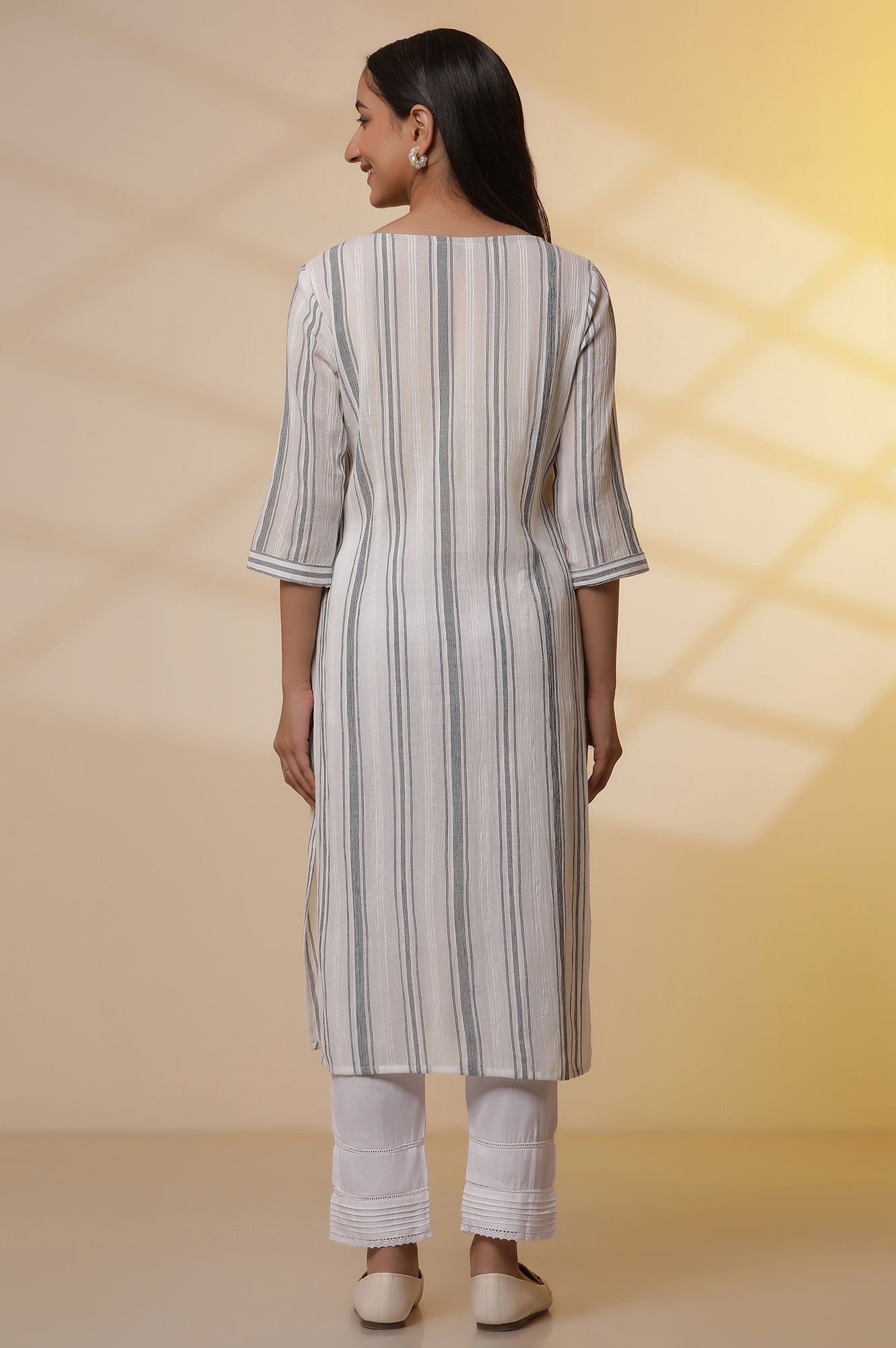 White Yarn-Dyed Striped Kurta and Pintuck Trousers Set