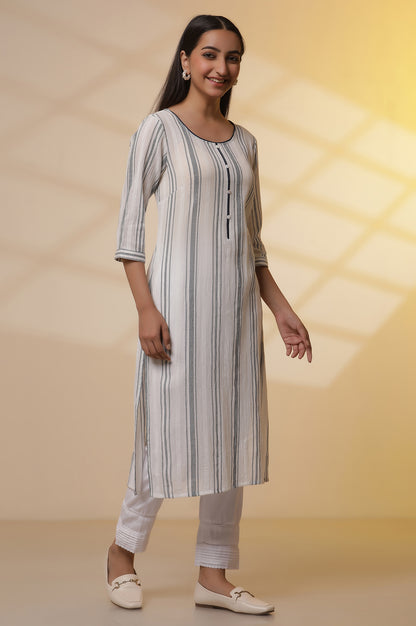 White Yarn-Dyed Striped Kurta and Pintuck Trousers Set