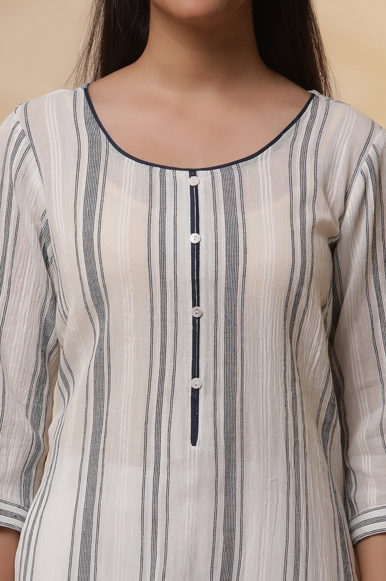 White Yarn-Dyed Striped Kurta and Pintuck Trousers Set