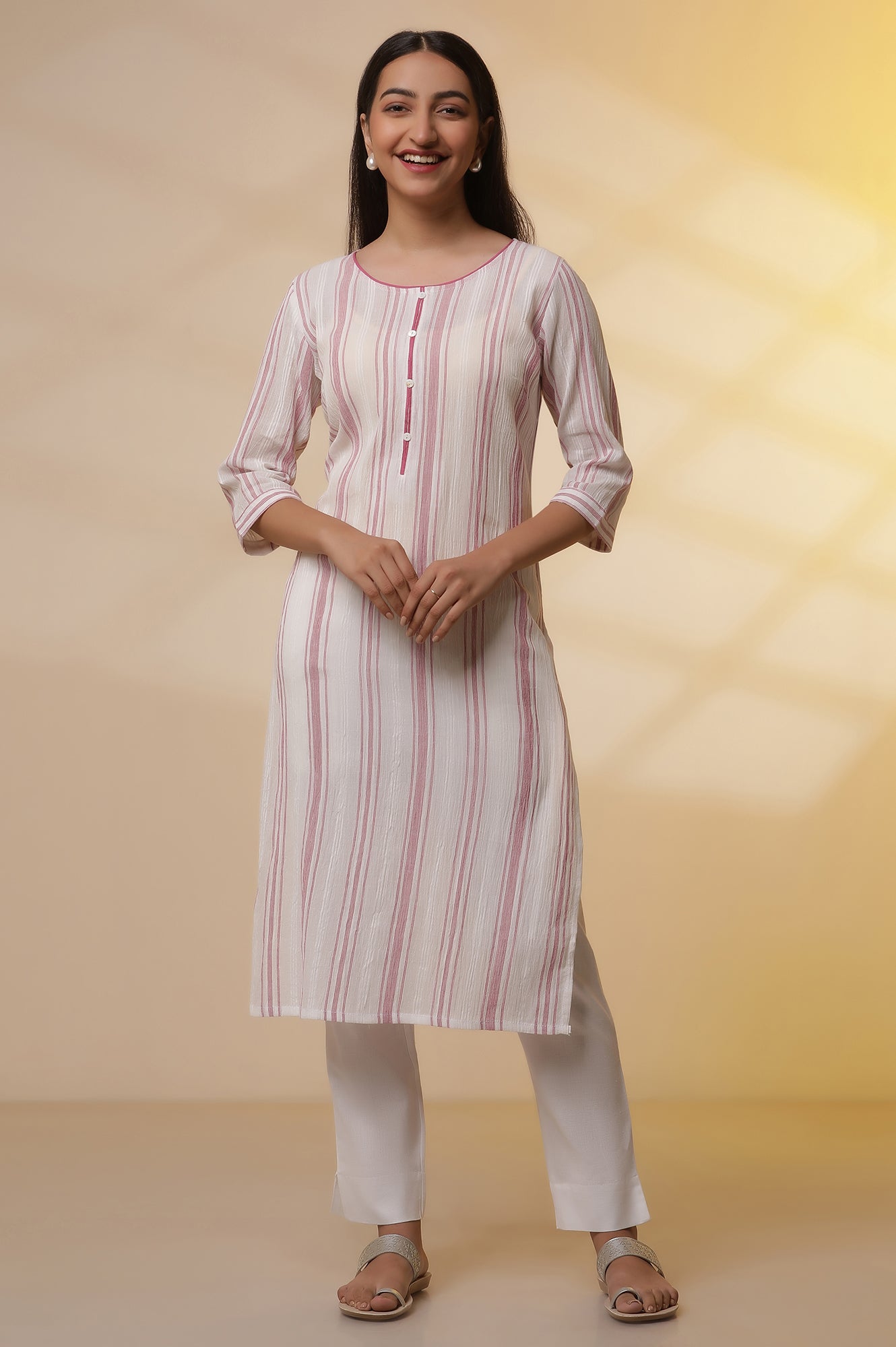 White Yarn-Dyed Pink Striped Kurta and Pintuck Trousers Set