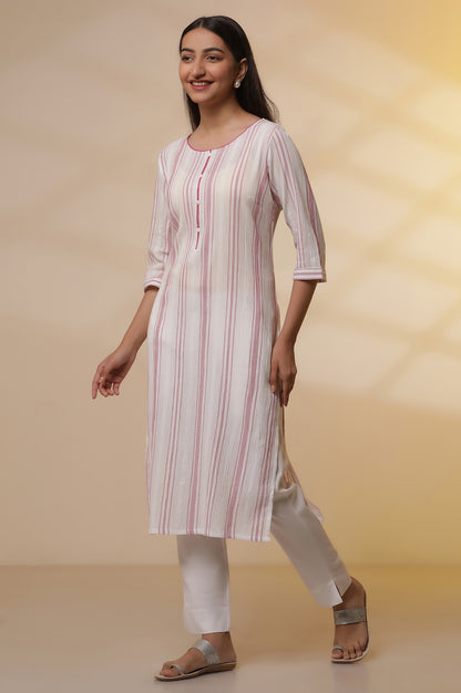 White Yarn-Dyed Pink Striped Kurta and Pintuck Trousers Set