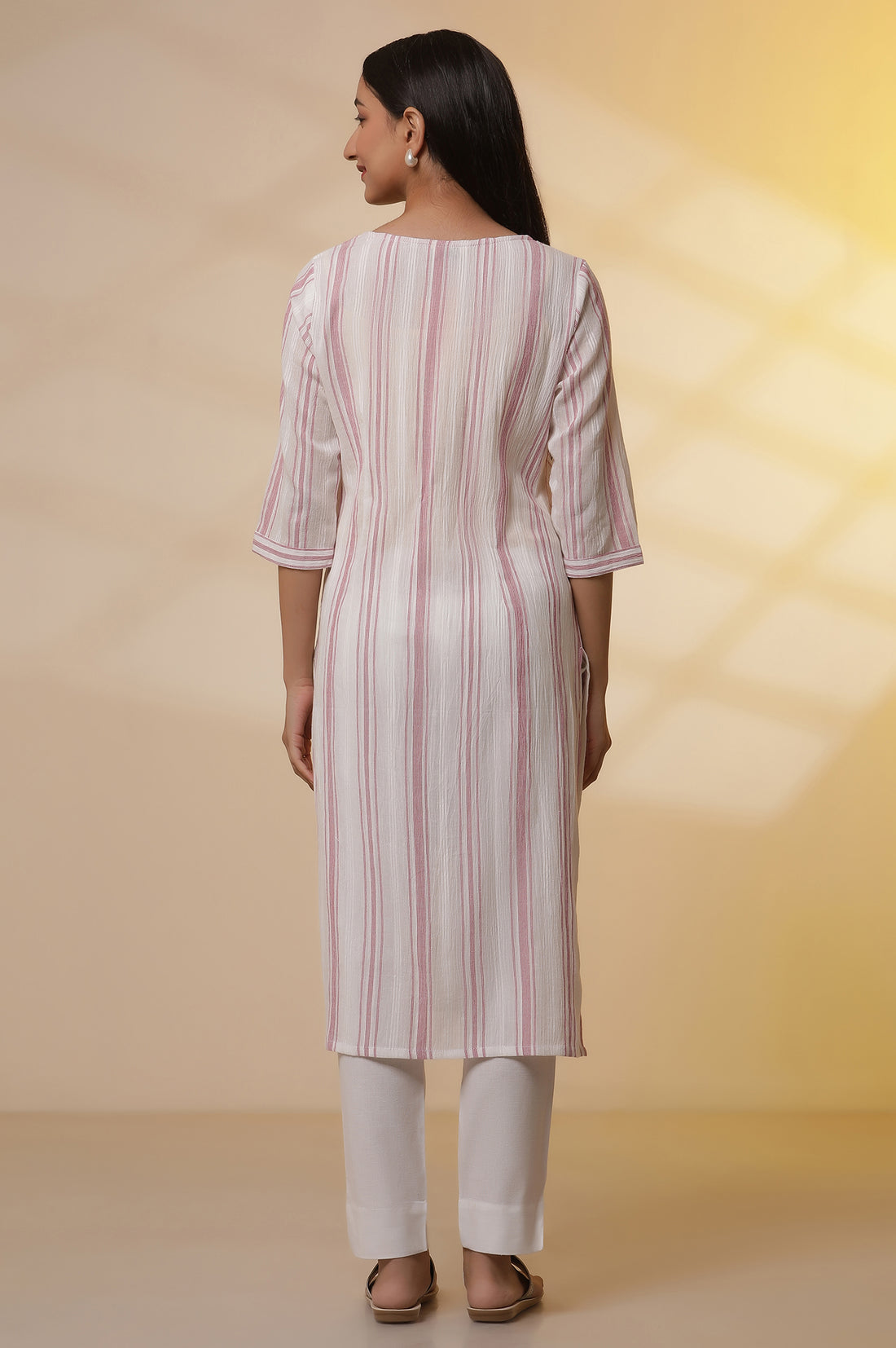 White Yarn-Dyed Pink Striped Kurta and Pintuck Trousers Set
