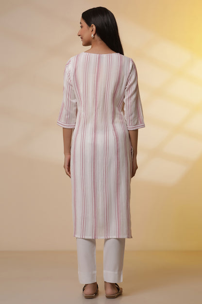 White Yarn-Dyed Pink Striped Kurta and Pintuck Trousers Set