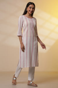 White Yarn-Dyed Pink Striped Kurta and Pintuck Trousers Set