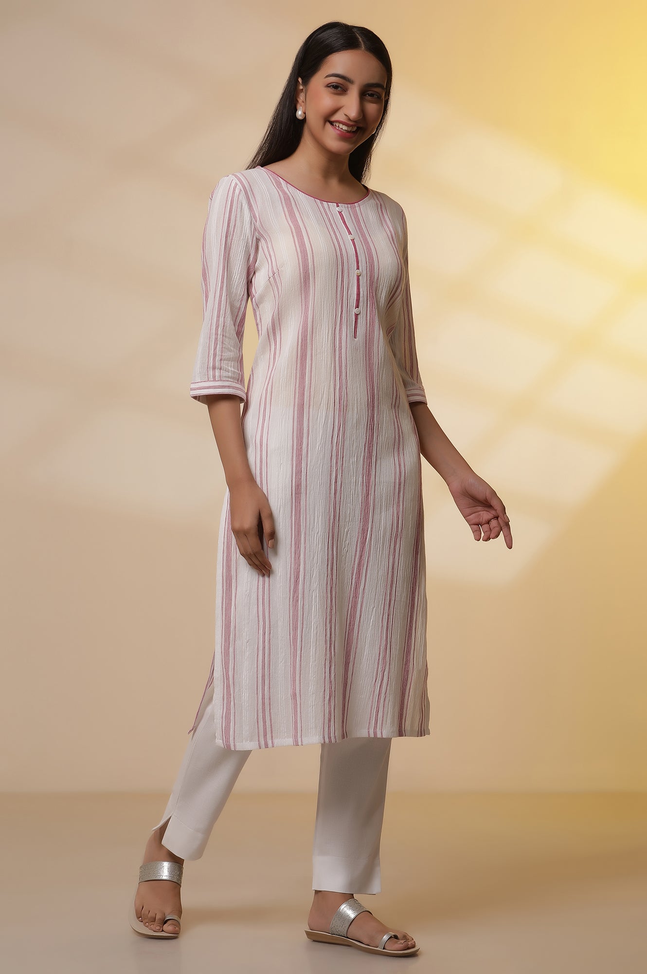 White Yarn-Dyed Pink Striped Kurta and Pintuck Trousers Set