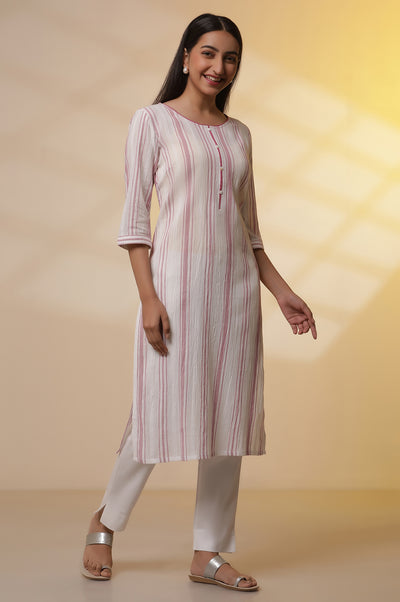 White Yarn-Dyed Pink Striped Kurta and Pintuck Trousers Set