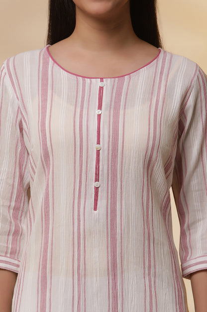 White Yarn-Dyed Pink Striped Kurta and Pintuck Trousers Set