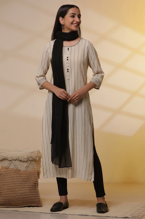 Beige Yarn-Dyed Striped Crinkled Kurta, Tights and Dupatta Set