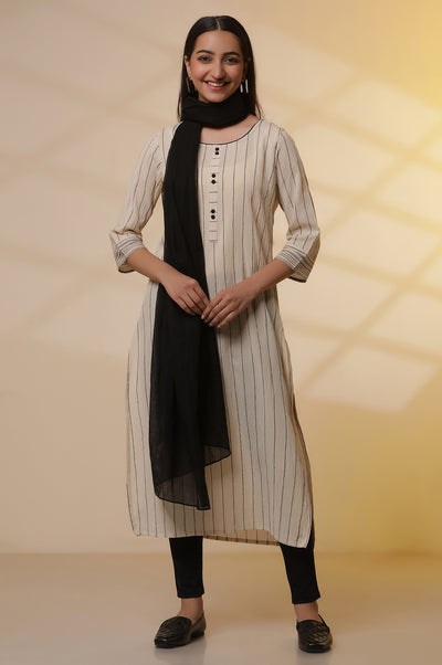 Beige Yarn-Dyed Striped Crinkled Kurta, Tights and Dupatta Set