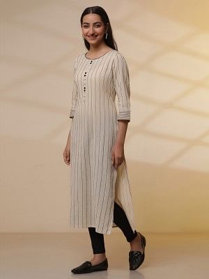 Beige Yarn-Dyed Striped Crinkled Kurta, Tights and Dupatta Set