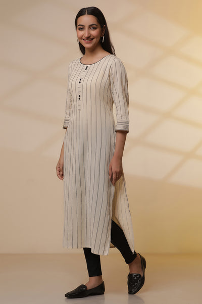 Beige Yarn-Dyed Striped Crinkled Kurta, Tights and Dupatta Set
