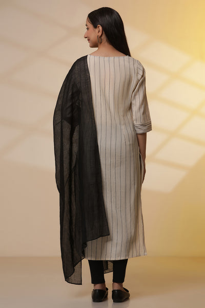 Beige Yarn-Dyed Striped Crinkled Kurta, Tights and Dupatta Set